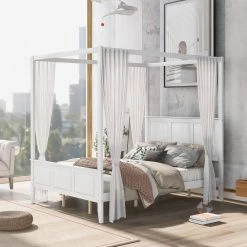 Wood White Queen Size Canopy Platform Bed with Headboard by Z-joyee -Cheap Z-joyee Store white z joyee platform beds f fb857219591 c3 1000