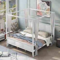 Wood White King Size Canopy Platform Bed with Headboard by Z-joyee -Cheap Z-joyee Store white z joyee platform beds f fb857219607 c3 1000