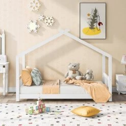 Wood White Twin Size House Platform Bed with Headboard by Z-joyee -Cheap Z-joyee Store white z joyee platform beds f fb857219614 44 1000