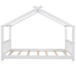 Wood White Twin Size House Platform Bed with Headboard by Z-joyee