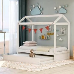 Wood White Twin Size House Platform Bed with Trundle by Z-joyee 17 Wood White Twin Size House Platform Bed with Trundle by Z-joyee -Cheap Z-joyee Store white z joyee platform beds f fb857219638 31 1000