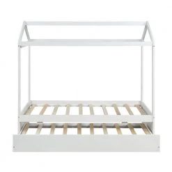 Wood White Twin Size House Platform Bed with Trundle by Z-joyee
