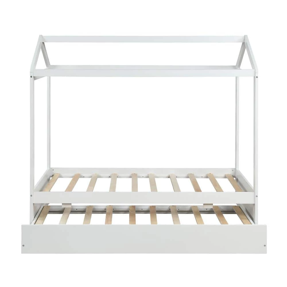 Wood White Twin Size House Platform Bed with Trundle by Z-joyee 1 Wood White Twin Size House Platform Bed with Trundle by Z-joyee