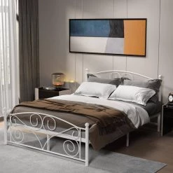 Metal White Full Size Platform Bed with Headboard by Z-joyee -Cheap Z-joyee Store white z joyee platform beds f fb857219751 31 1000