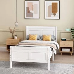 41.3 in. W White Twin Wood Frame Platform Bed with Headboard & Footboard by Z-joyee -Cheap Z-joyee Store white z joyee platform beds ly wf192439aak 31 1000