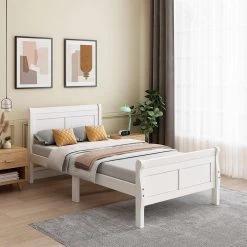 41.3 in. W White Twin Wood Frame Platform Bed with Headboard & Footboard by Z-joyee -Cheap Z-joyee Store white z joyee platform beds ly wf192439aak c3 1000