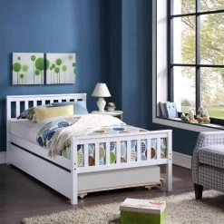 White Platform Bed Frame with Headboard and Footboard Twin Bed with Trundle 79.5 in. L x 42 in. W x 33.5 in. H by Z-joyee -Cheap Z-joyee Store white z joyee platform beds yqj w50422211 31 1000