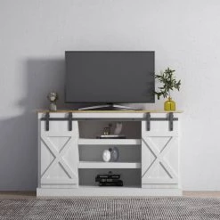 53.9 in. White Farmhouse Sliding Barn Door TV Stand Fits TV's up to 65 in. by Z-joyee -Cheap Z-joyee Store white z joyee tv stands f fb857215463 1f 1000