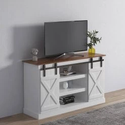 53.9 in. White Farmhouse Sliding Barn Door TV Stand Fits TV's up to 65 in. by Z-joyee -Cheap Z-joyee Store white z joyee tv stands f fb857215463 31 1000