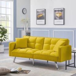 Yellow Velvet Futon Sofa Sleeper with 2-Pillows by Z-joyee -Cheap Z-joyee Store yellow z joyee futons p s202200223 31 1000