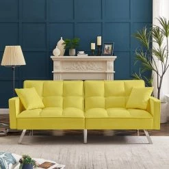 Yellow Modern Velvet Futon Sofa Couch Bed with Armrests and 2 Pillows by Z-joyee -Cheap Z-joyee Store yellow z joyee futons p s202200348 31 1000