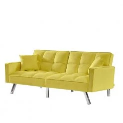 Yellow Modern Velvet Futon Sofa Couch Bed with Armrests and 2 Pillows by Z-joyee