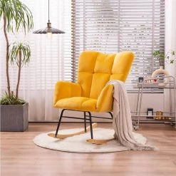 Yellow Velvet Tufted Upholstered Mid Century Modern Rocking Chair Padded Seat by Z-joyee -Cheap Z-joyee Store yellow z joyee rockers gliders ottomans p q202200069 31 1000