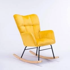 Yellow Velvet Tufted Upholstered Mid Century Modern Rocking Chair Padded Seat by Z-joyee -Cheap Z-joyee Store yellow z joyee rockers gliders ottomans p q202200069 c3 1000